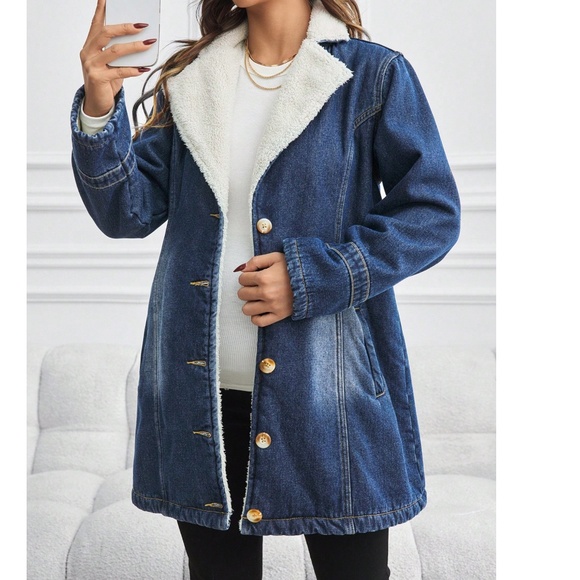 Maternity Dark Wash Denim Teddy Lined Button Loose Fit Jacket Coat - Picture 6 of 7